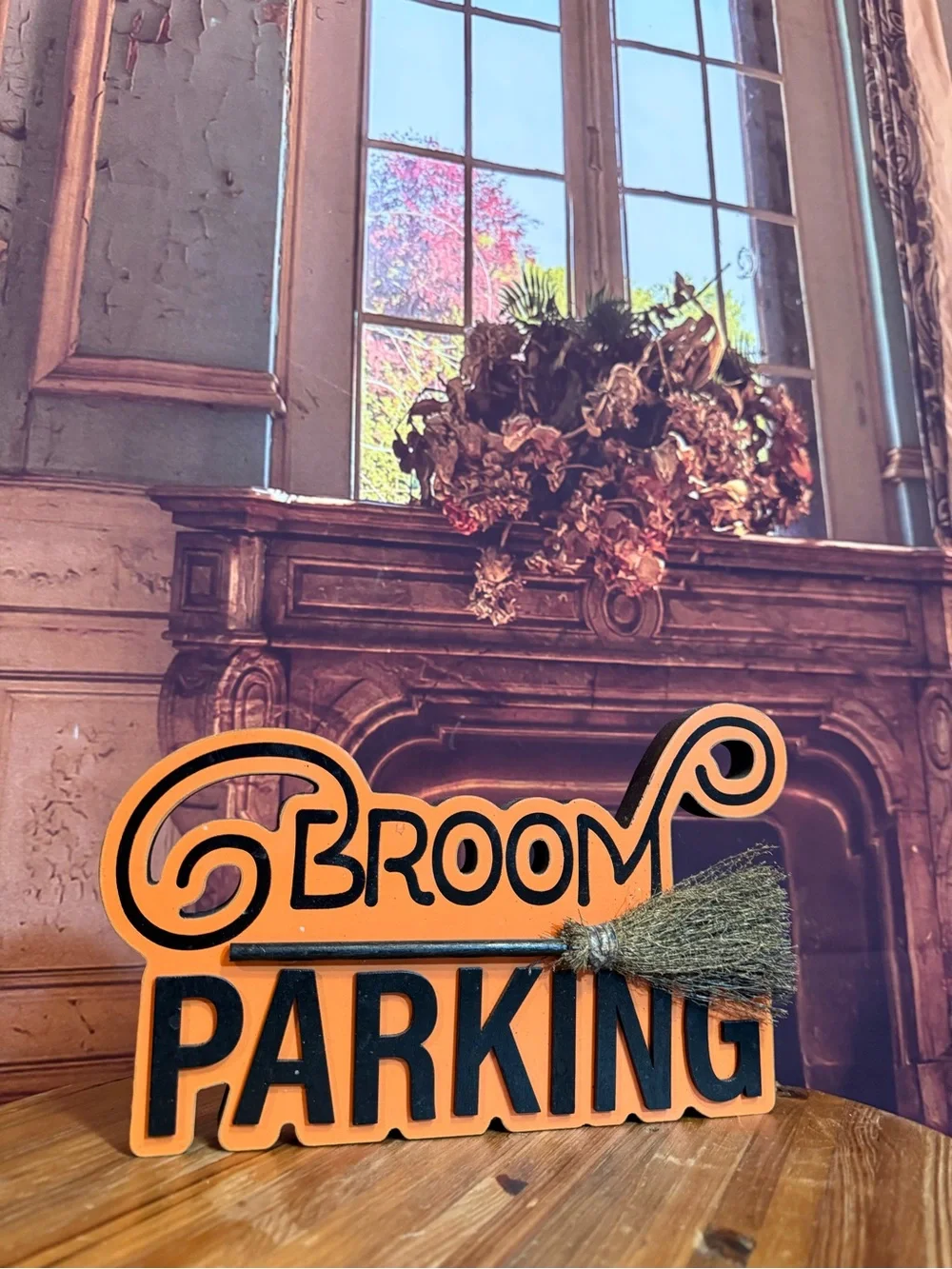 Broom Parking Halloween Tabletop Sign – Orange and Black Halloween Salem